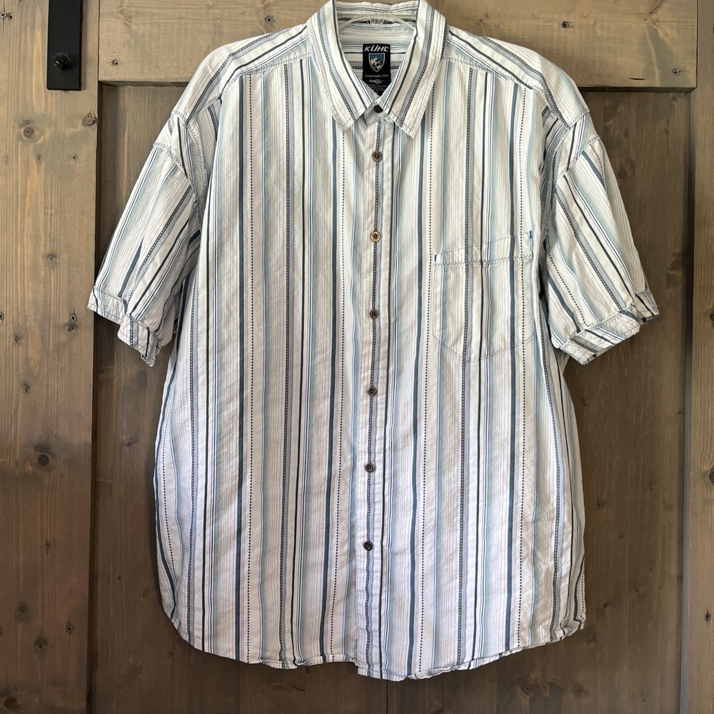 Kuhl Suncel Shirt Mens XXL Blue Stripe Button Up Short Sleeve Hiking Beach